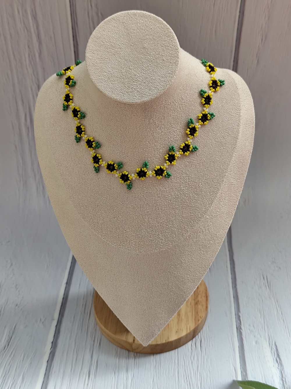 Handmade Yellow & Black Floral Bead Necklace with Green Accents